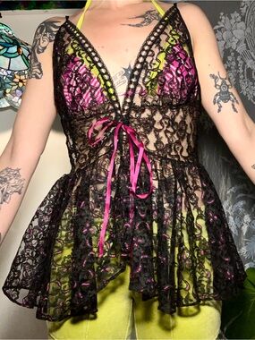 Ruffled Lace Tie-up Black and Pink Lingerie Top